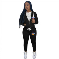 Casual Black Drawstring Twill Women Sets Sports Printed Letter Hoodie Sweatsuit Set Tracksuit