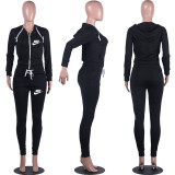 Casual Black Drawstring Twill Sweatsuit Women Sets Sports Printed Letter Hoodie Tracksuit Set