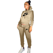 Winter Khaki Drawstring Sweatshirt Sports Hoodie Women Set with Pockets