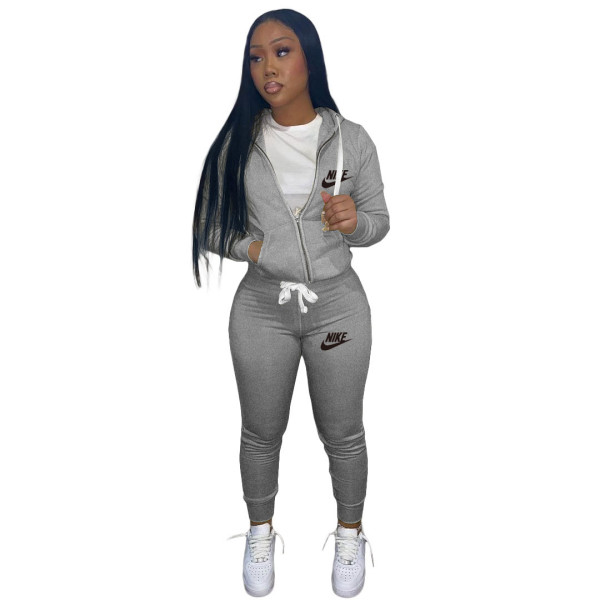 Casual Grey Drawstring Twill Sweatsuit Women Sets Sports Printed Letter Hoodie Tracksuit Set