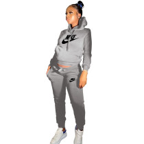 Winter Grey Drawstring Sweatshirt Sports Hoodie Women Set with Pockets