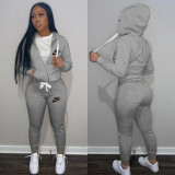 Casual Grey Drawstring Twill Sweatsuit Women Sets Sports Printed Letter Hoodie Tracksuit Set
