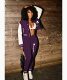 Casual Purple Split Joint Buckle Long Sleeve Two Pieces Women's Printed Single-breasted Baseball Jacket Suit