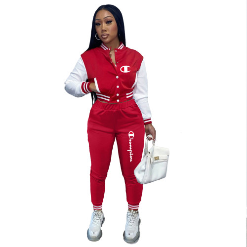 Casual Red Split Joint Buckle Long Sleeve Two Pieces Women's Printed Single-breasted Baseball Jacket Suit
