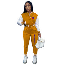 Casual Orange Split Joint Buckle Long Sleeve Two Pieces Women's Printed Single-breasted Baseball Jacket Suit