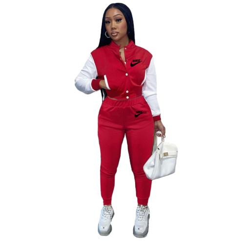 Casual Red Two Piece Set Single-breasted Color Matching Sports Baseball Suit