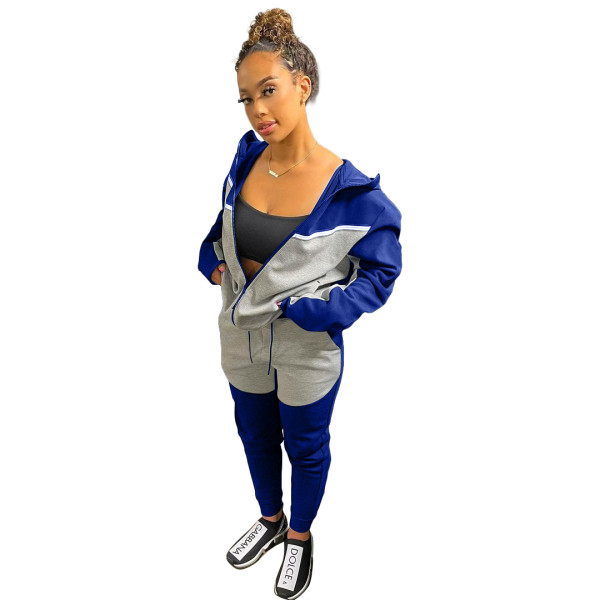 Casual Blue/Grey Women Clothing Stitching Zipper Hoodie Two Piece Sportswear Sets + Vacuum Packaging