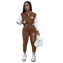Casual Coffee Split Joint Buckle Long Sleeve Two Pieces Women's Printed Single-breasted Baseball Jacket Suit