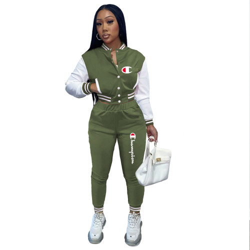 Casual Army Green Split Joint Buckle Long Sleeve Two Pieces Women's Printed Single-breasted Baseball Jacket Suit