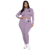 Autumn Winter Purple 2 Pcs Set Printed Sports Hoodie Crop Top and Trousers