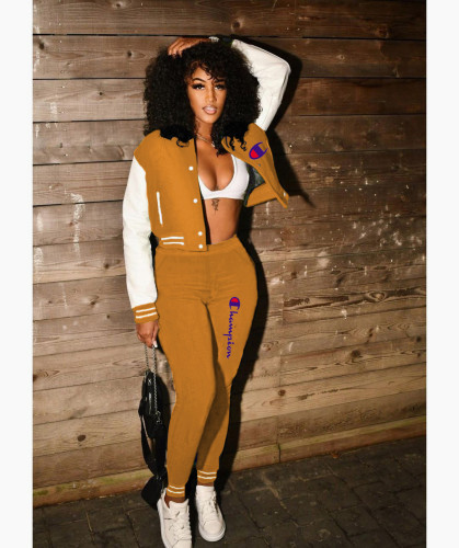 Casual Orange Split Joint Buckle Long Sleeve Two Pieces Women's Printed Single-breasted Baseball Jacket Suit