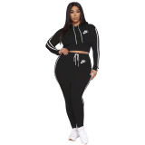 Autumn Winter Black 2 Pcs Set Printed Sports Hoodie Crop Top and Trousers