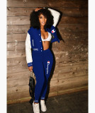Casual Blue Split Joint Buckle Long Sleeve Two Pieces Women's Printed Single-breasted Baseball Jacket Suit