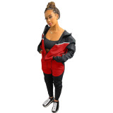 Casual Black/Red Women Clothing Stitching Zipper Hoodie Two Piece Sportswear Sets + Vacuum Packaging
