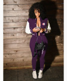 Casual Purple Split Joint Buckle Long Sleeve Two Pieces Women's Printed Single-breasted Baseball Jacket Suit