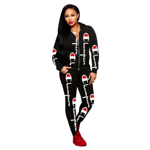 Casual Black Printed Letter Hooded Pants Set For Woman Winter