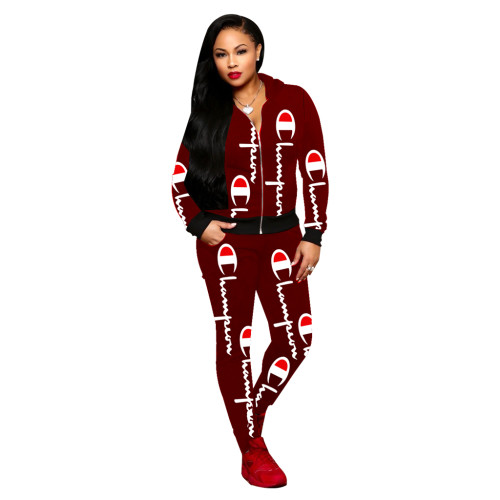 Casual Wine Red Printed Letter Hooded Pants Set For Woman Winter