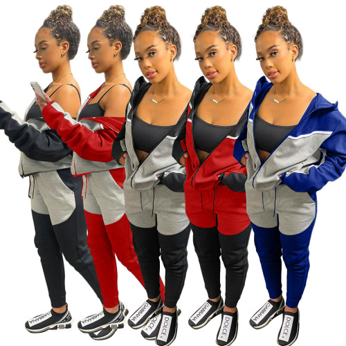 Casual Red/Grey Women Clothing Stitching Zipper Hoodie Two Piece Sportswear Sets + Vacuum Packaging