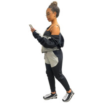 Casual Black/Grey Women Clothing Stitching Zipper Hoodie Two Piece Sportswear Sets + Vacuum Packaging