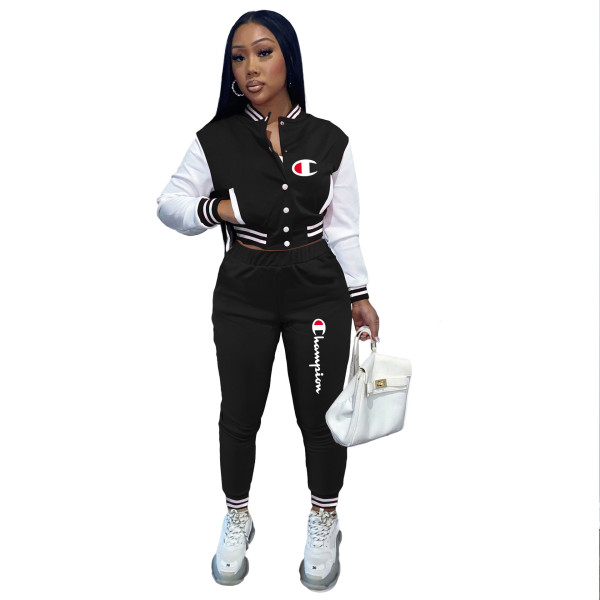 Casual Black Split Joint Buckle Long Sleeve Two Pieces Women's Printed Single-breasted Baseball Jacket Suit