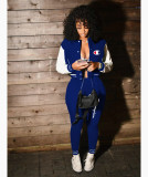 Casual Blue Split Joint Buckle Long Sleeve Two Pieces Women's Printed Single-breasted Baseball Jacket Suit