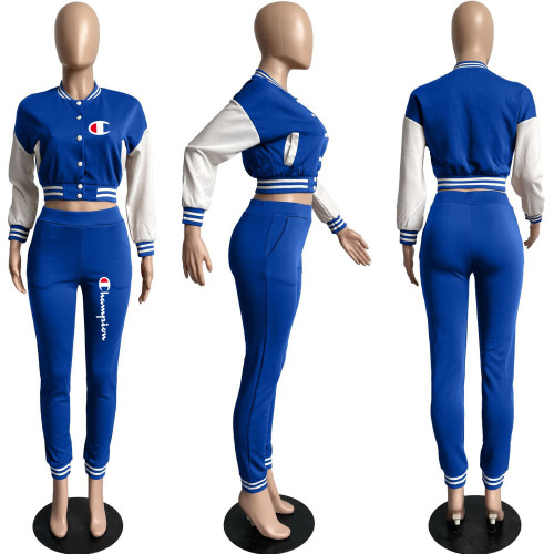 Casual Blue Split Joint Buckle Long Sleeve Two Pieces Women's Printed Single-breasted Baseball Jacket Suit