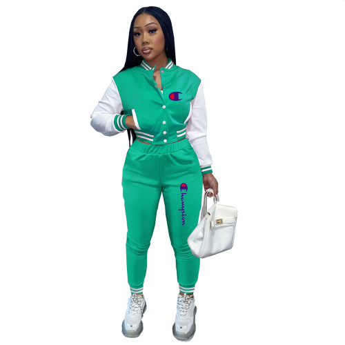 Casual Mint Green Split Joint Buckle Long Sleeve Two Pieces Women's Printed Single-breasted Baseball Jacket Suit