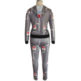 Casual Grey Printed Letter Hooded Pants Set For Woman Winter