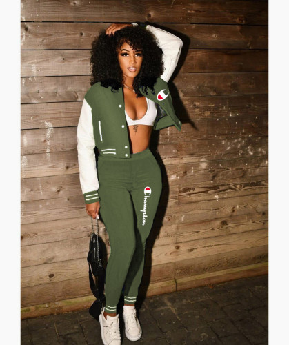 Casual Army Green Split Joint Buckle Long Sleeve Two Pieces Women's Printed Single-breasted Baseball Jacket Suit
