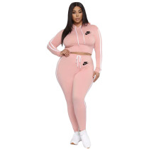 Autumn Winter Pink 2 Pcs Set Printed Sports Hoodie Crop Top and Trousers