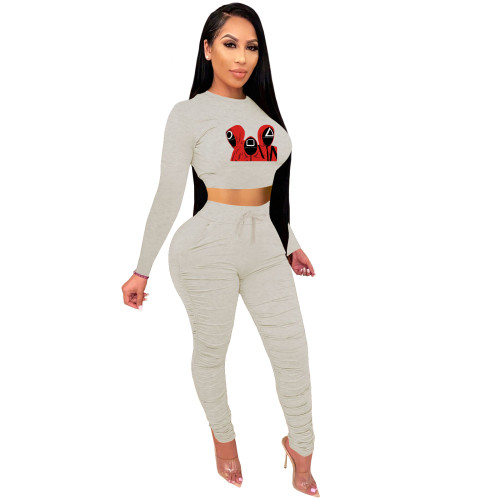 Hot Selling Trend New Light Grey Squid Game Mask Man Printed Crop Top Sports Two Piece Ruched Set