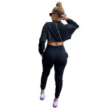 Solid Color Black Three Piece Thread Pit Long Sleeve Crop Top and Trousers with Vest