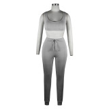 Solid Color Grey Three Piece Thread Pit Long Sleeve Crop Top and Trousers with Vest