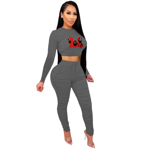 Hot Selling Trend New Dark Grey Squid Game Mask Man Printed Crop Top Sports Two Piece Ruched Set