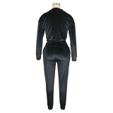 Solid Color Black Zipper Gold Velvet Long Sleeve Loungewear Women Sets with Pockets