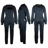 Solid Color Black Drop-shoulder Hooded Sweatshirt Thick Sweatpants Set