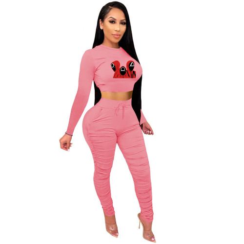 Hot Selling Trend New Pink Squid Game Mask Man Printed Crop Top Sports Two Piece Ruched Set