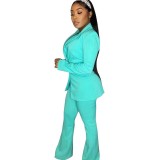 Autumn Winter Solid Color Notched Collar Flared Pant Suits Set for Women