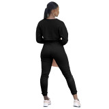 Solid Color Black Three Piece Thread Pit Long Sleeve Crop Top and Trousers with Vest