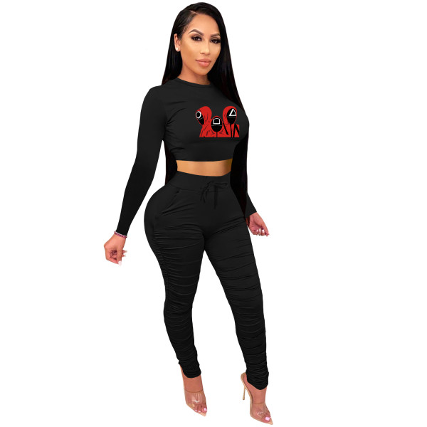 Hot Selling Trend New Black Squid Game Mask Man Printed Crop Top Sports Two Piece Ruched Set