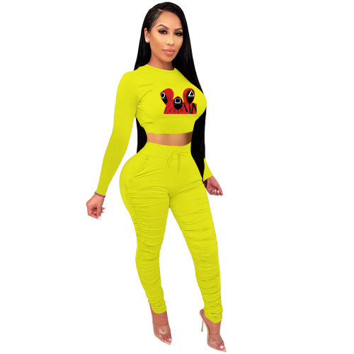 Hot Selling Trend New Yellow Squid Game Mask Man Printed Crop Top Sports Two Piece Ruched Set