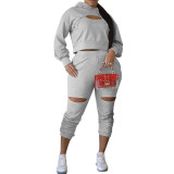 Solid Color Grey Drop-shoulder Hooded Sweatshirt Thick Sweatpants Set