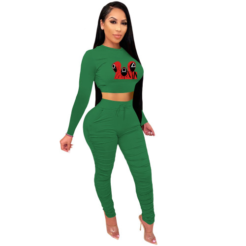 Hot Selling Trend New Green Squid Game Mask Man Printed Crop Top Sports Two Piece Ruched Set