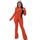 Autumn Winter Solid Color Red Notched Collar Flared Pant Suits Set for Women