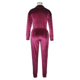 Solid Color Wine Red Zipper Gold Velvet Long Sleeve Loungewear Women Sets with Pockets