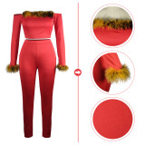 Pure Color Red Plush Off The Shoulder Sexy Pants Outfits