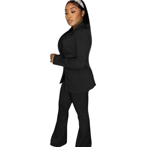Autumn Winter Solid Color Black Notched Collar Flared Pant Suits Set for Women