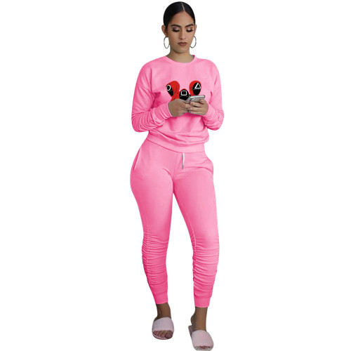 Trend New Pink Squid Game Mask Man Printed Sports Two Piece Ruched Pants Set