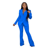 Autumn Winter Solid Color Blue Notched Collar Flared Pant Suits Set for Women