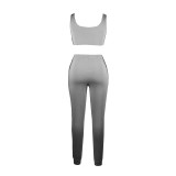 Solid Color Grey Three Piece Thread Pit Long Sleeve Crop Top and Trousers with Vest